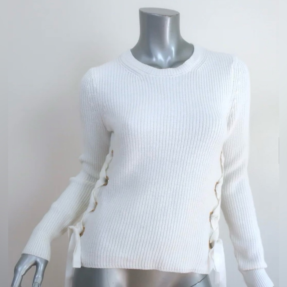 MICHAEL Michael Kors Lace-Up Sweater White Cotton Ribbed Knit - Size Large